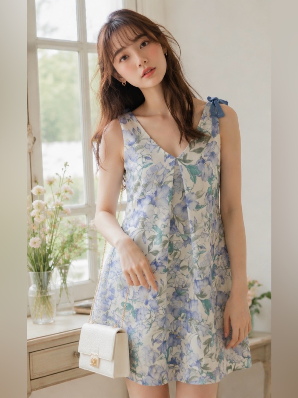 SNIDEL Drawing Flower A-Line Dress Floral Mini Blue Ribbon Size 0 Japan 2017